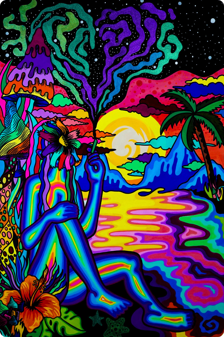 Shroomology painting — tropical mushroom figure at sunset