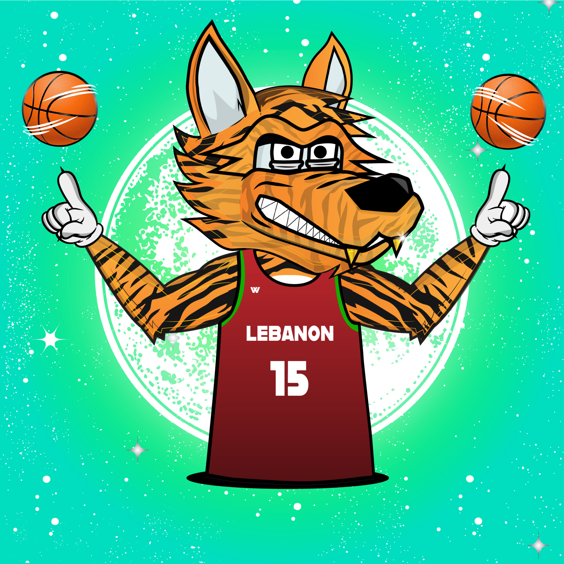 Tiger-striped wolf in a Lebanon 15 basketball jersey