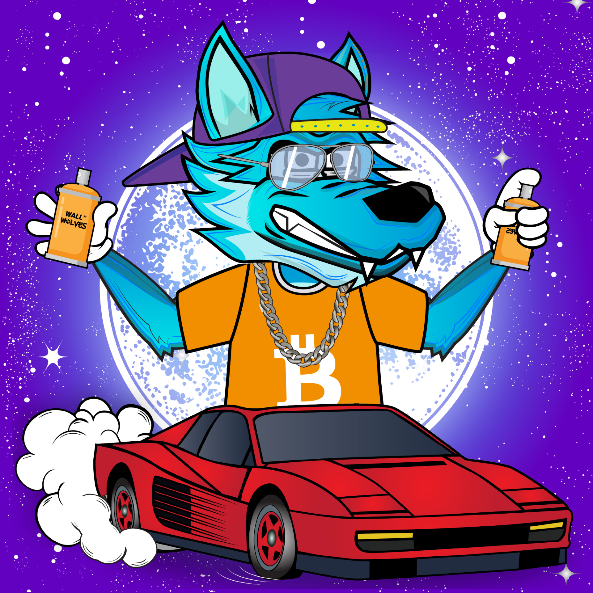 Blue wolf with spray cans and a red Ferrari