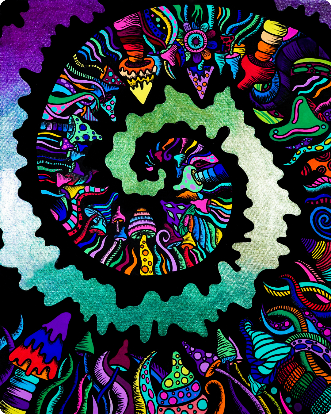 Shroomology painting — UFO and mushroom mouth landscape