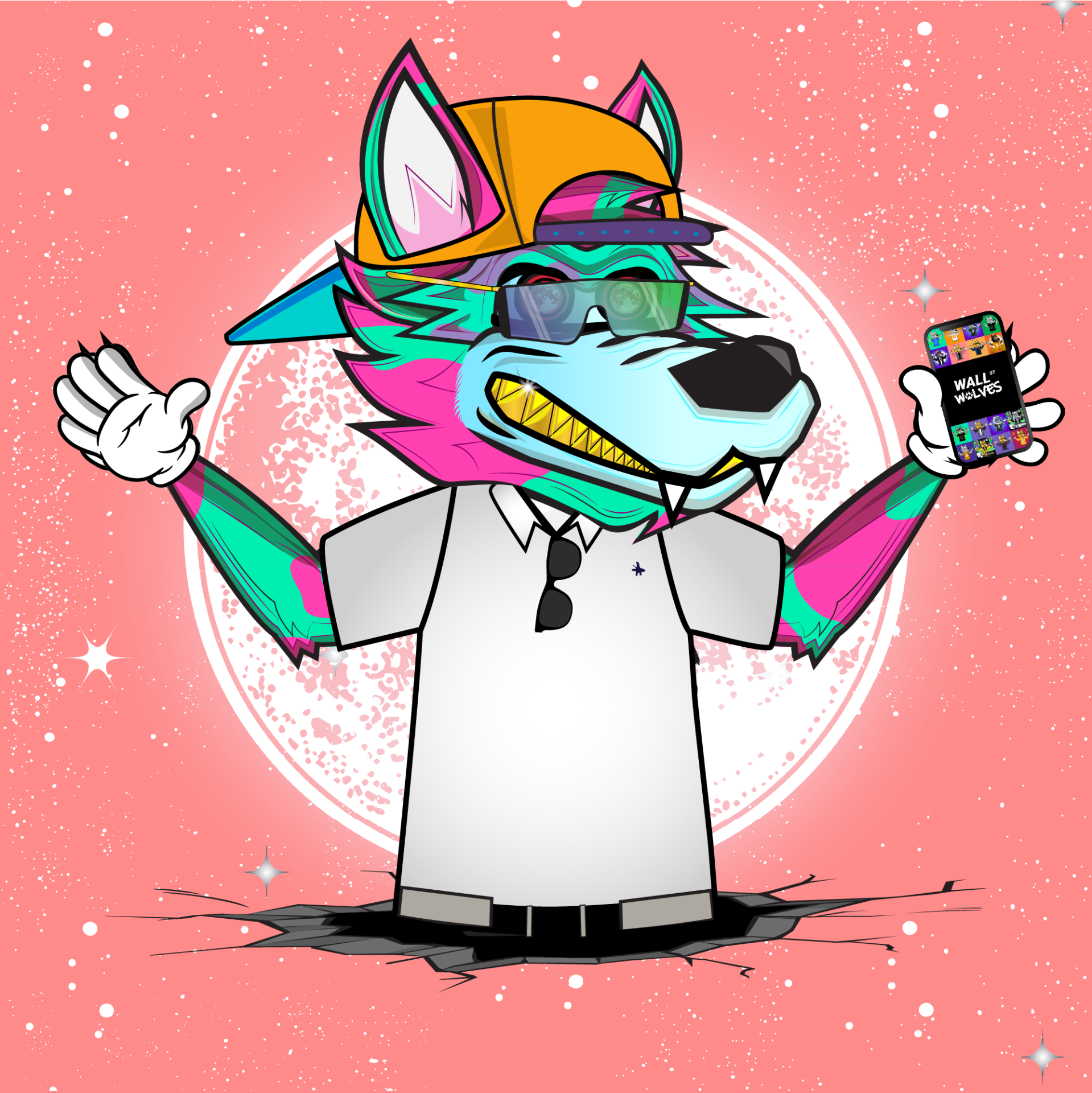 Teal and pink wolf holding a phone showing the Wall St Wolves app