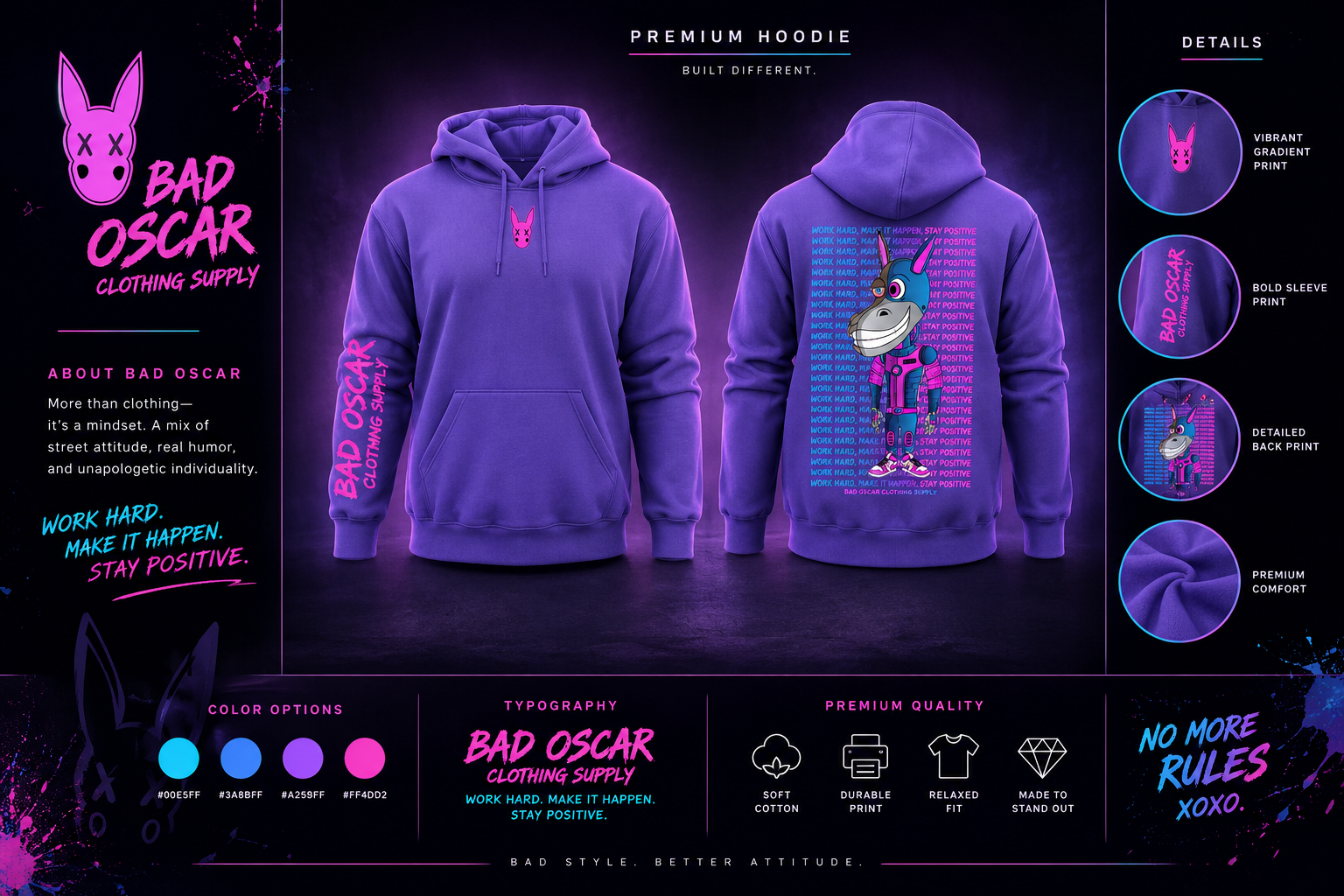 Bad Oscar Clothing Supply purple hoodie product sheet