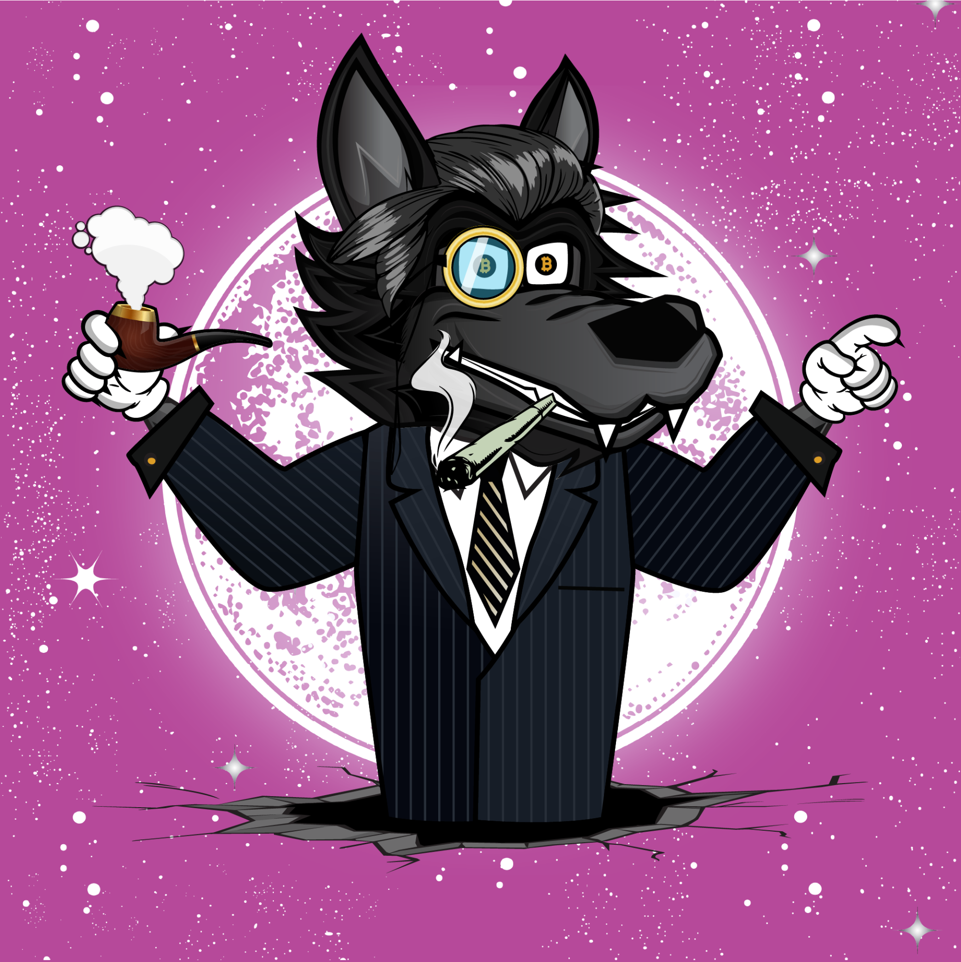 Black wolf with monocle smoking a pipe on a pink starfield