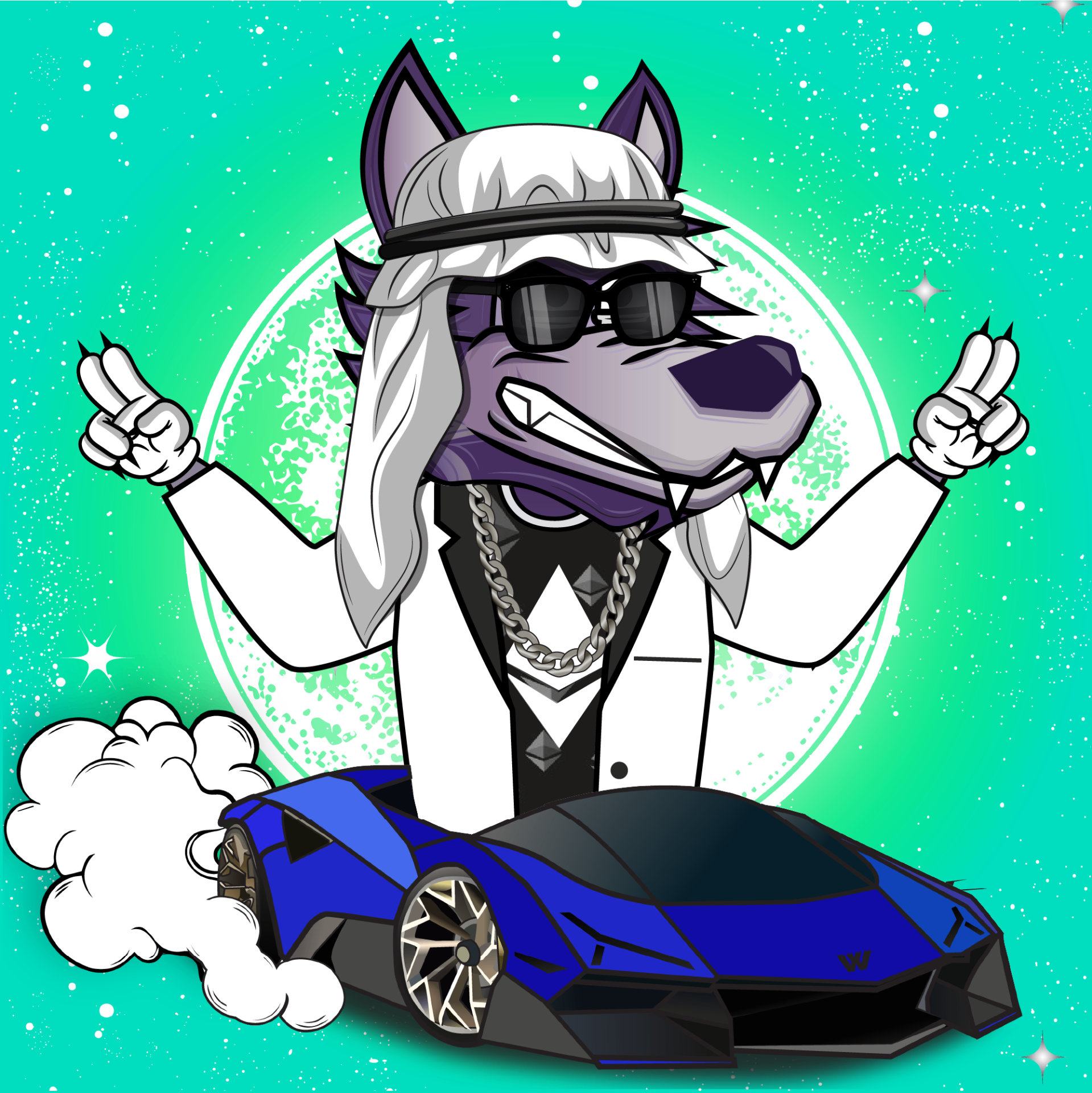 Purple wolf in a keffiyeh with a blue Lamborghini