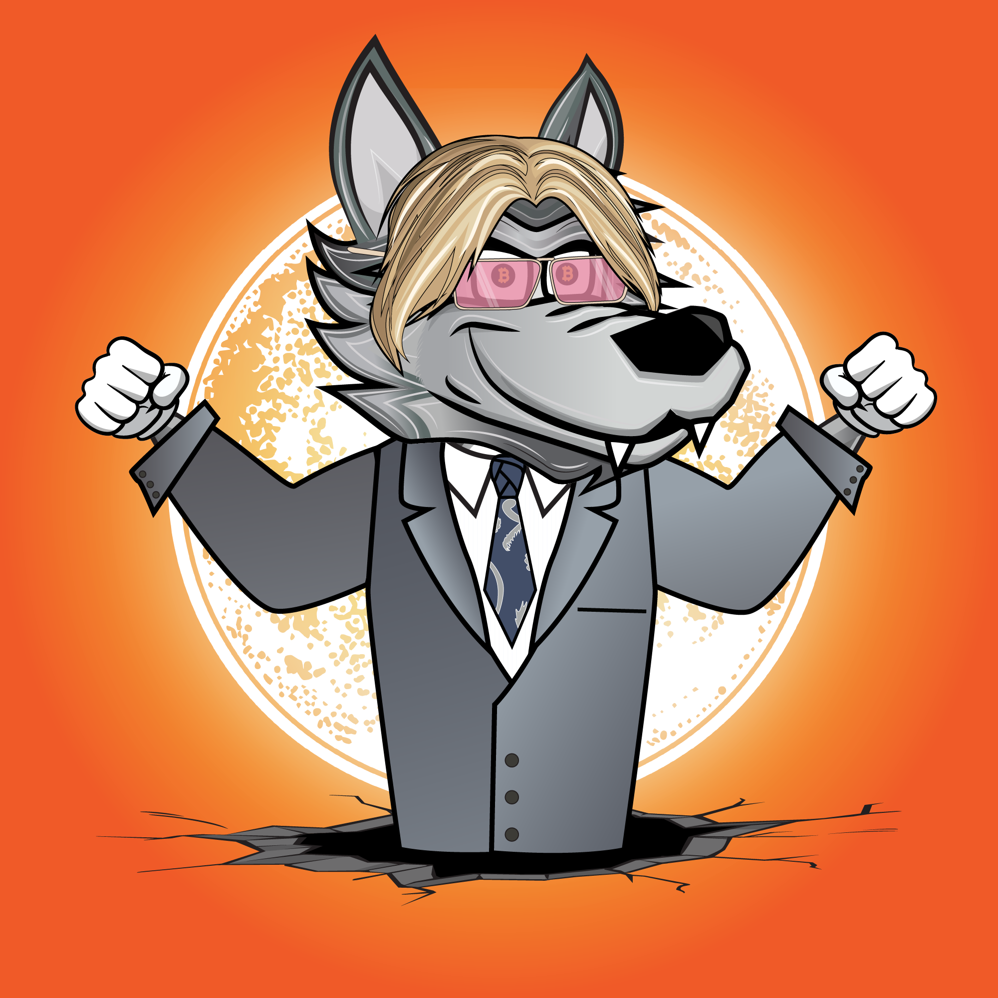 Wolf in a suit with pink Bitcoin sunglasses on an orange background