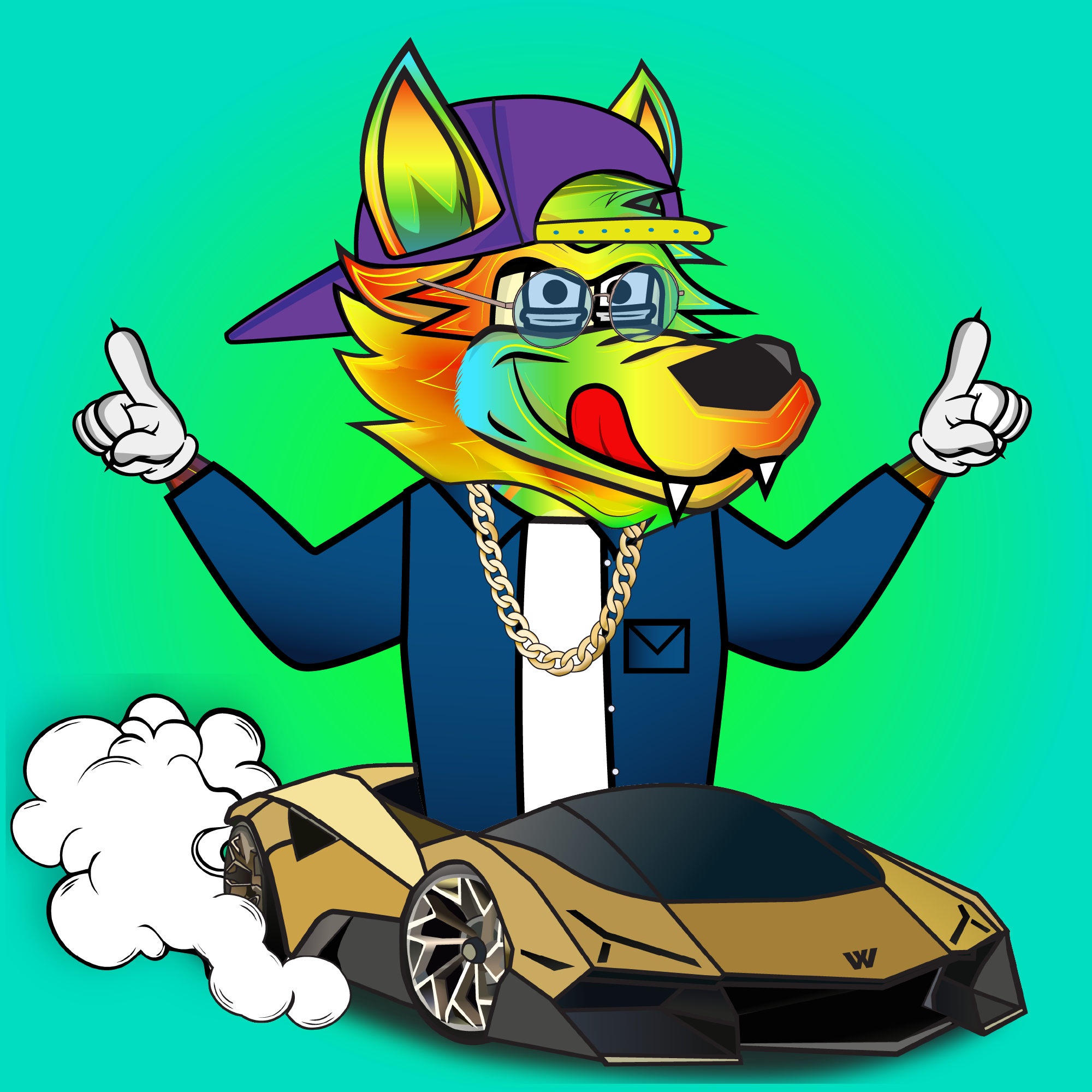 Rainbow wolf with a gold Lamborghini