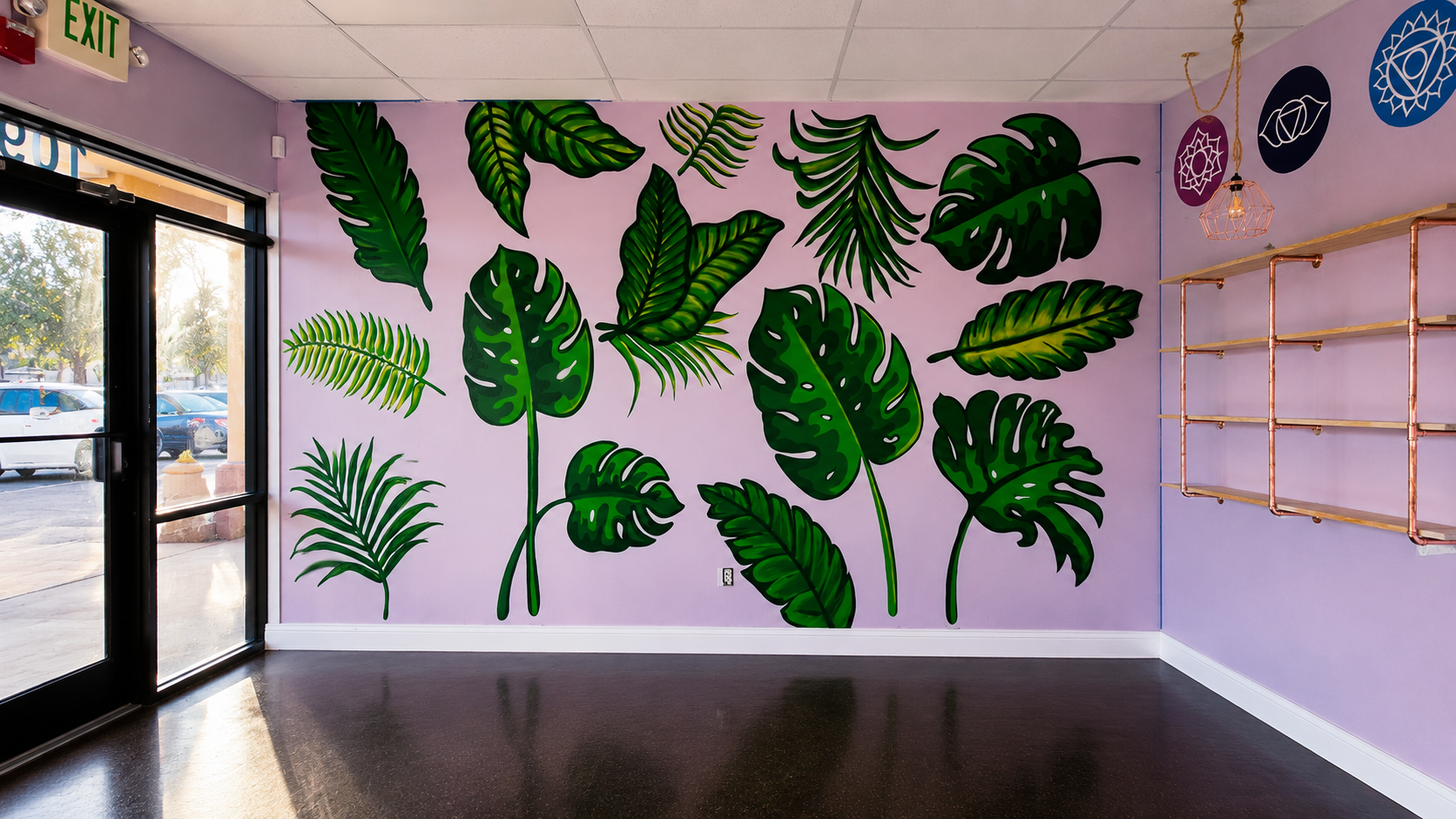 Queendome Cultivation lobby mural — full botanical wall with monstera, ferns, and palms on lavender