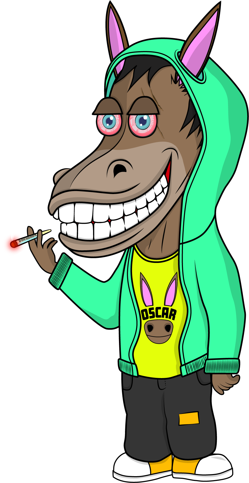 Oscar in a mint hoodie and yellow tee