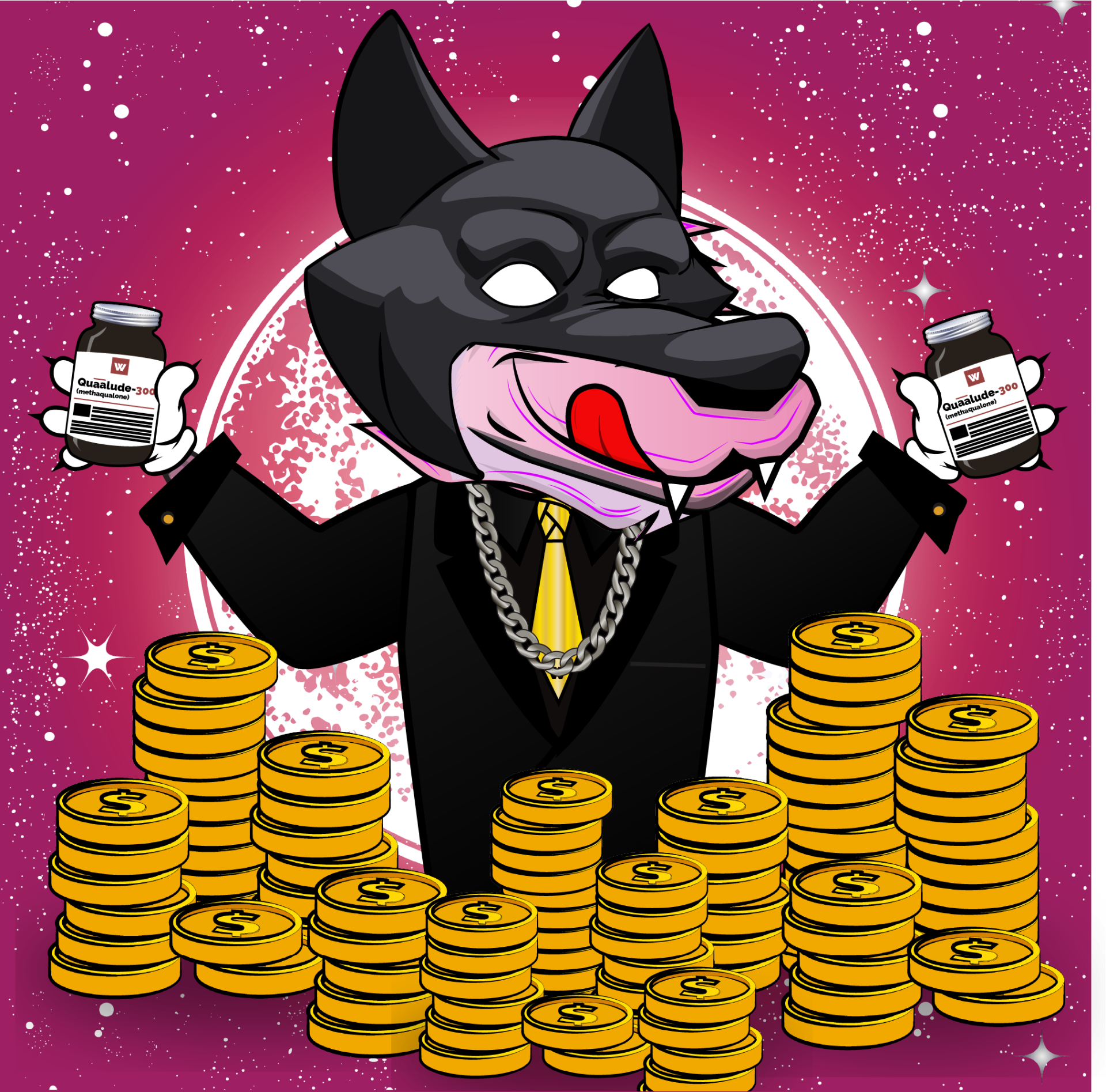 Black-masked wolf in a suit holding Quaalude bottles over coin stacks