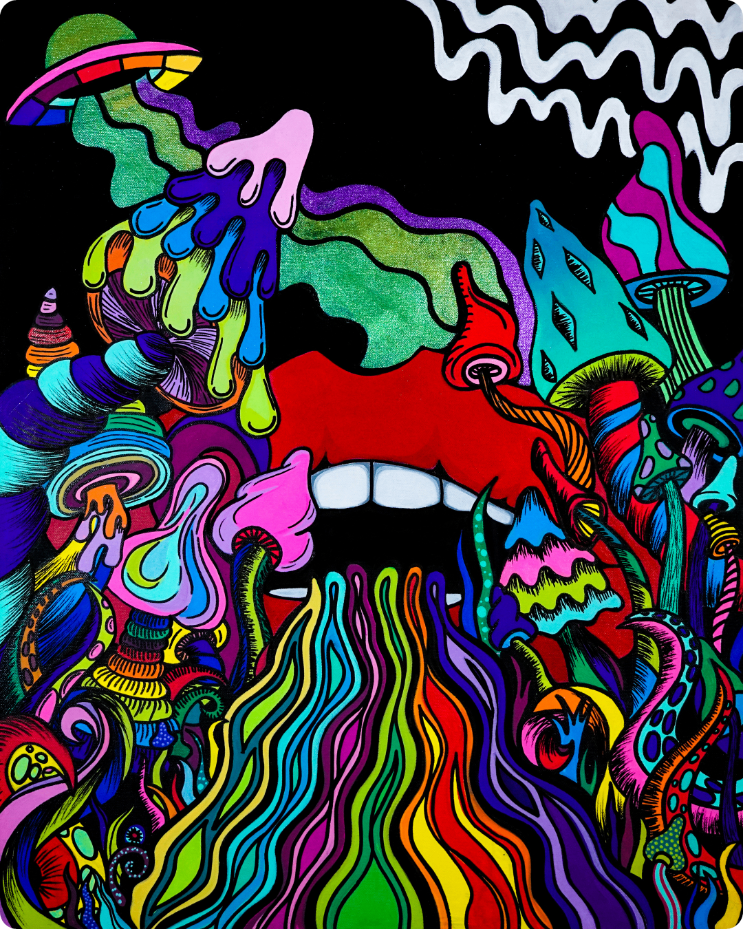 Shroomology painting — meditating figure with sacred geometry