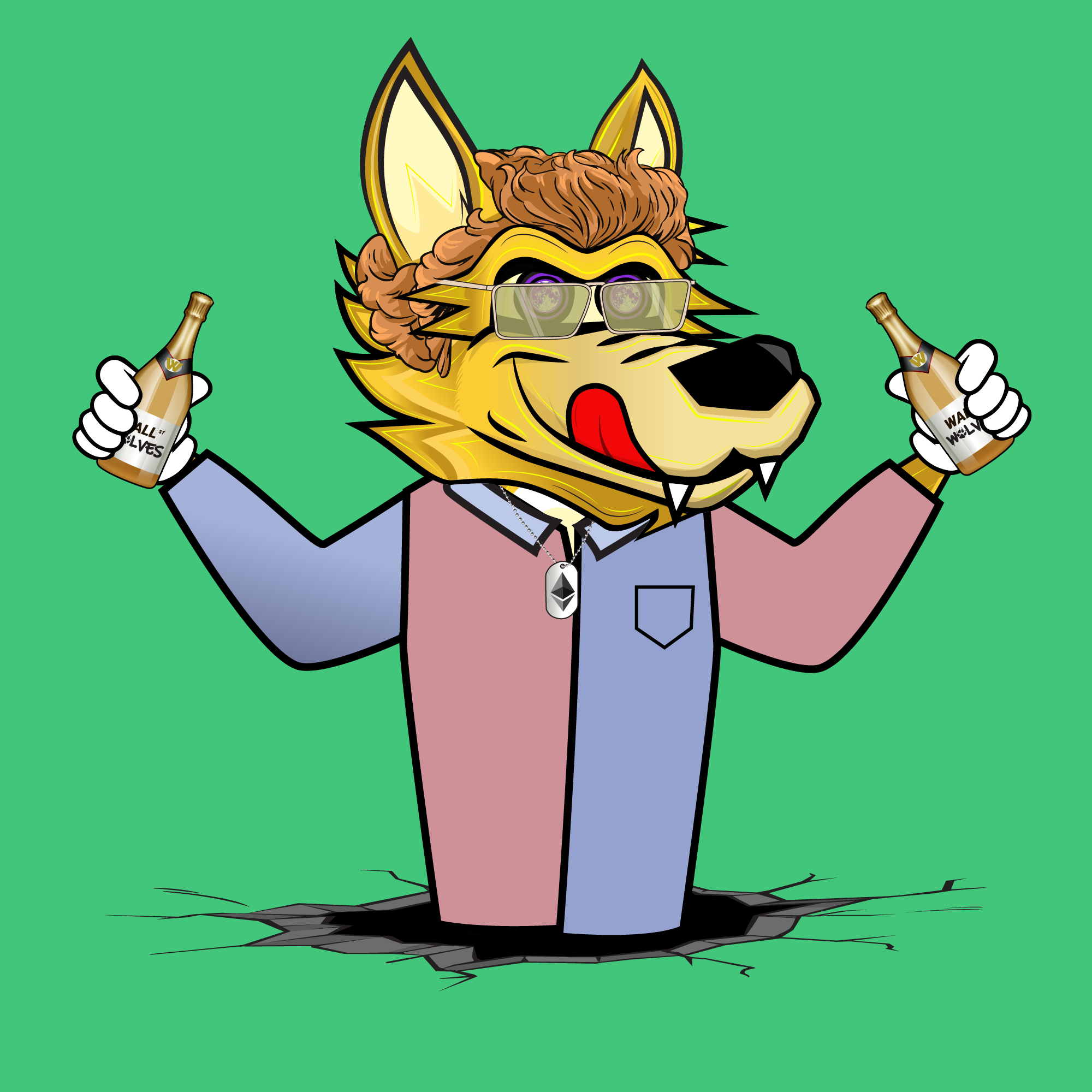 Golden wolf holding two bottles of champagne