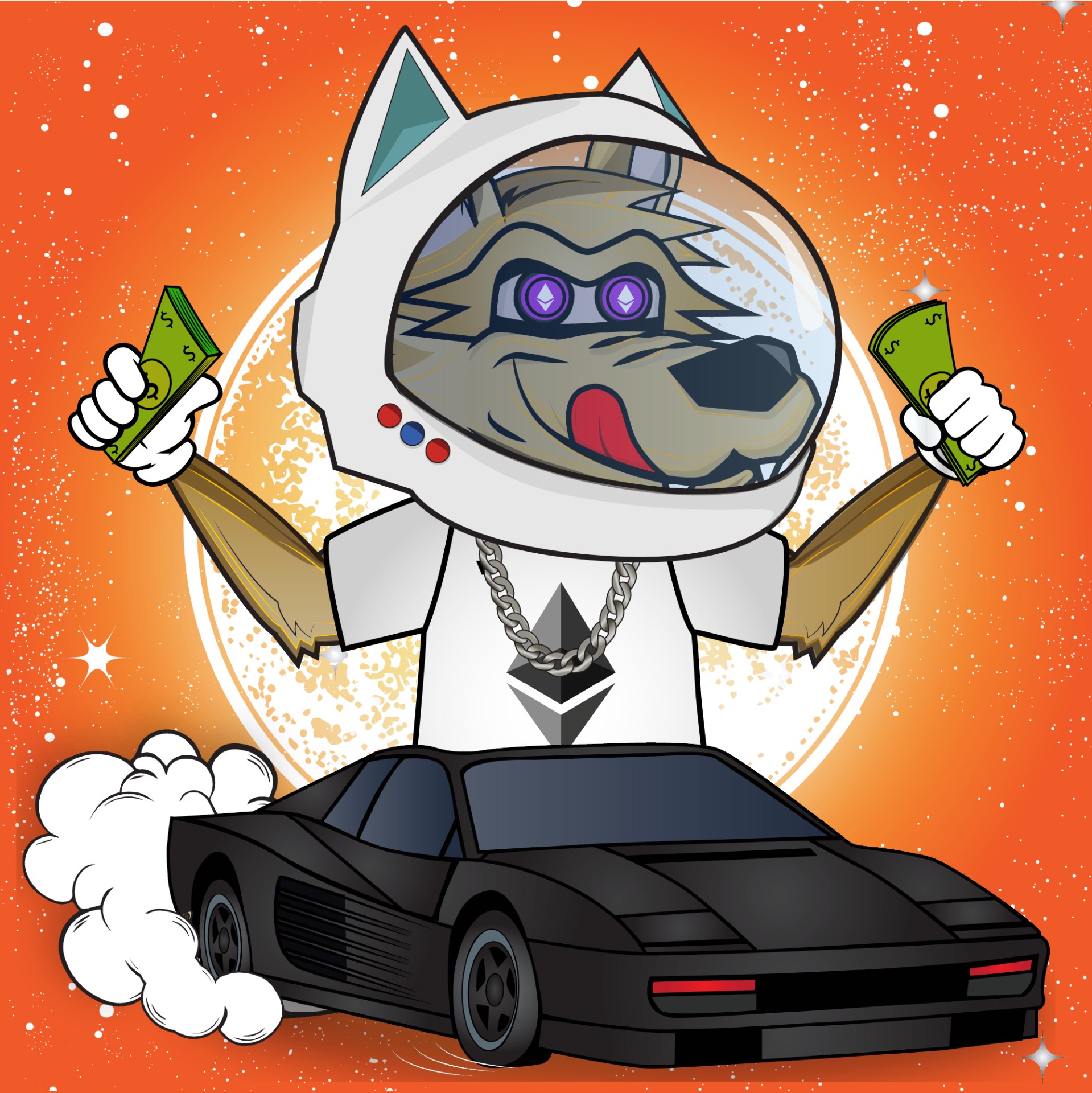 Astronaut wolf with cash and a black Ferrari
