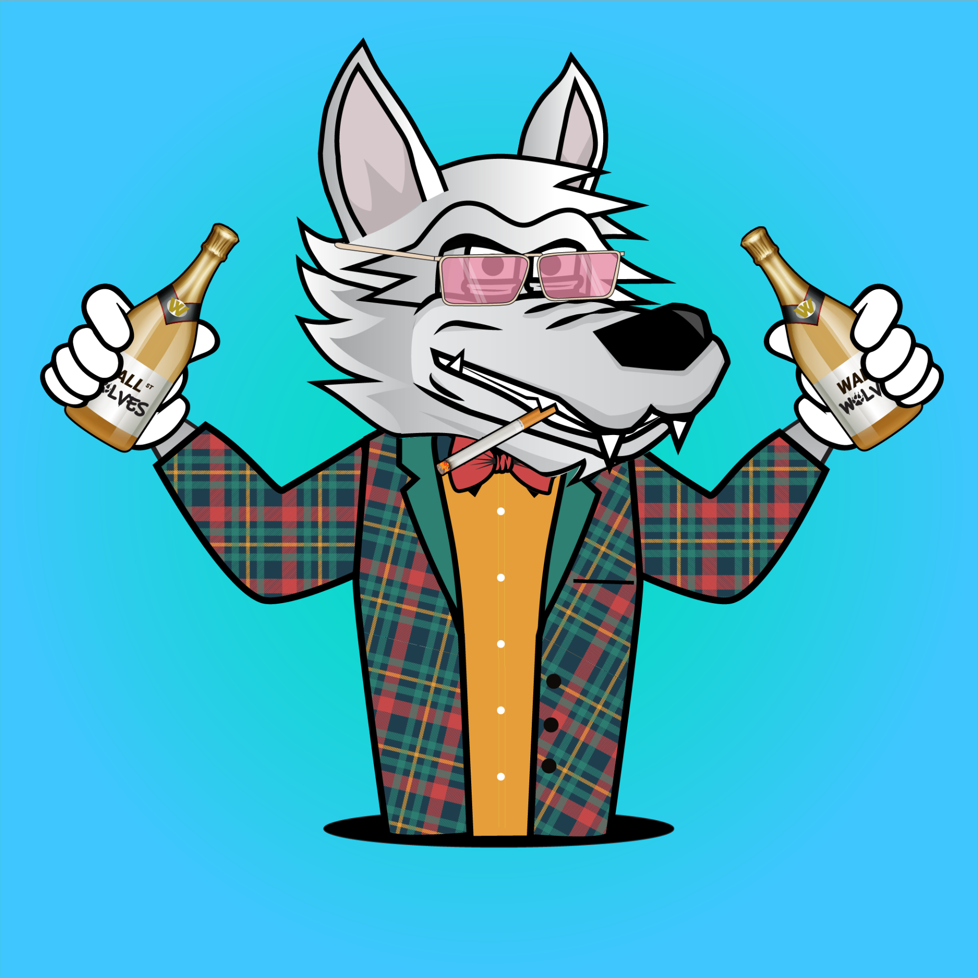 White wolf in a plaid suit with champagne bottles