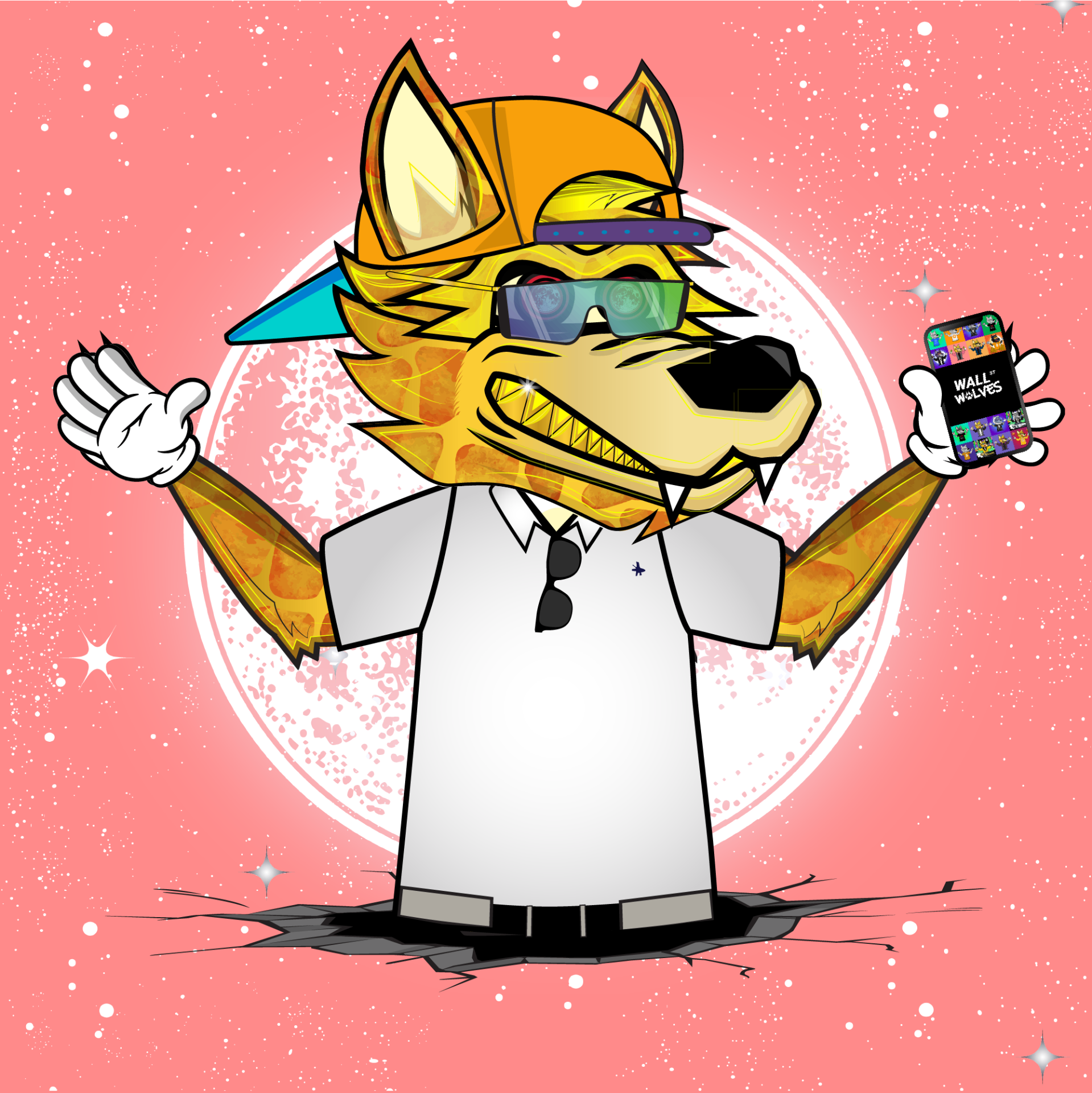 Gold wolf holding phone with Wall Street Wolves gallery