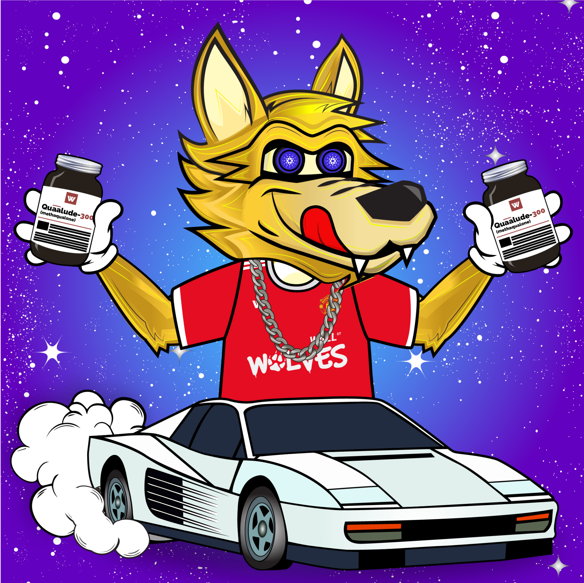 Gold wolf in a Wolves jersey holding pill bottles with a white Ferrari