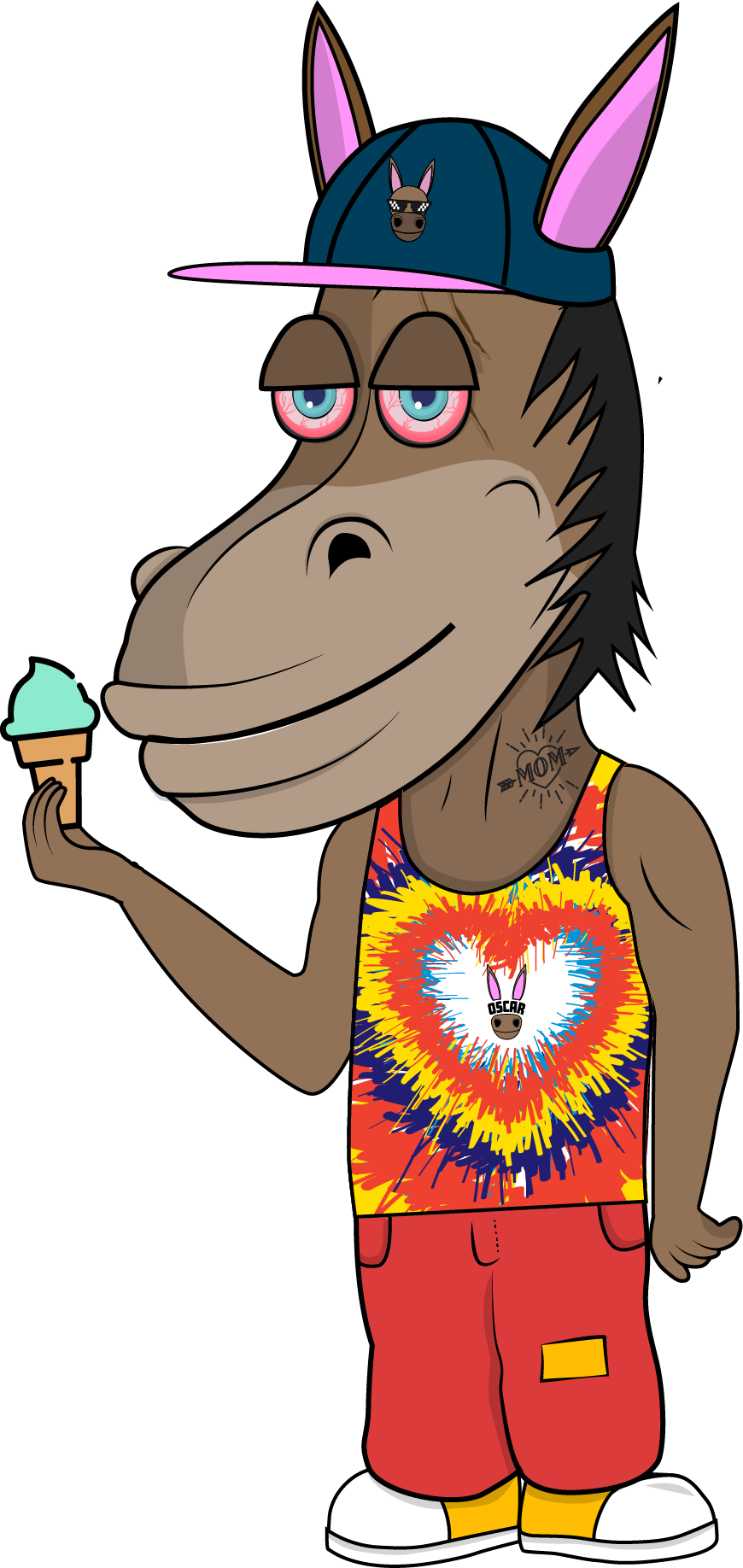 Oscar with pink cap and tie-dye tank holding an ice cream cone