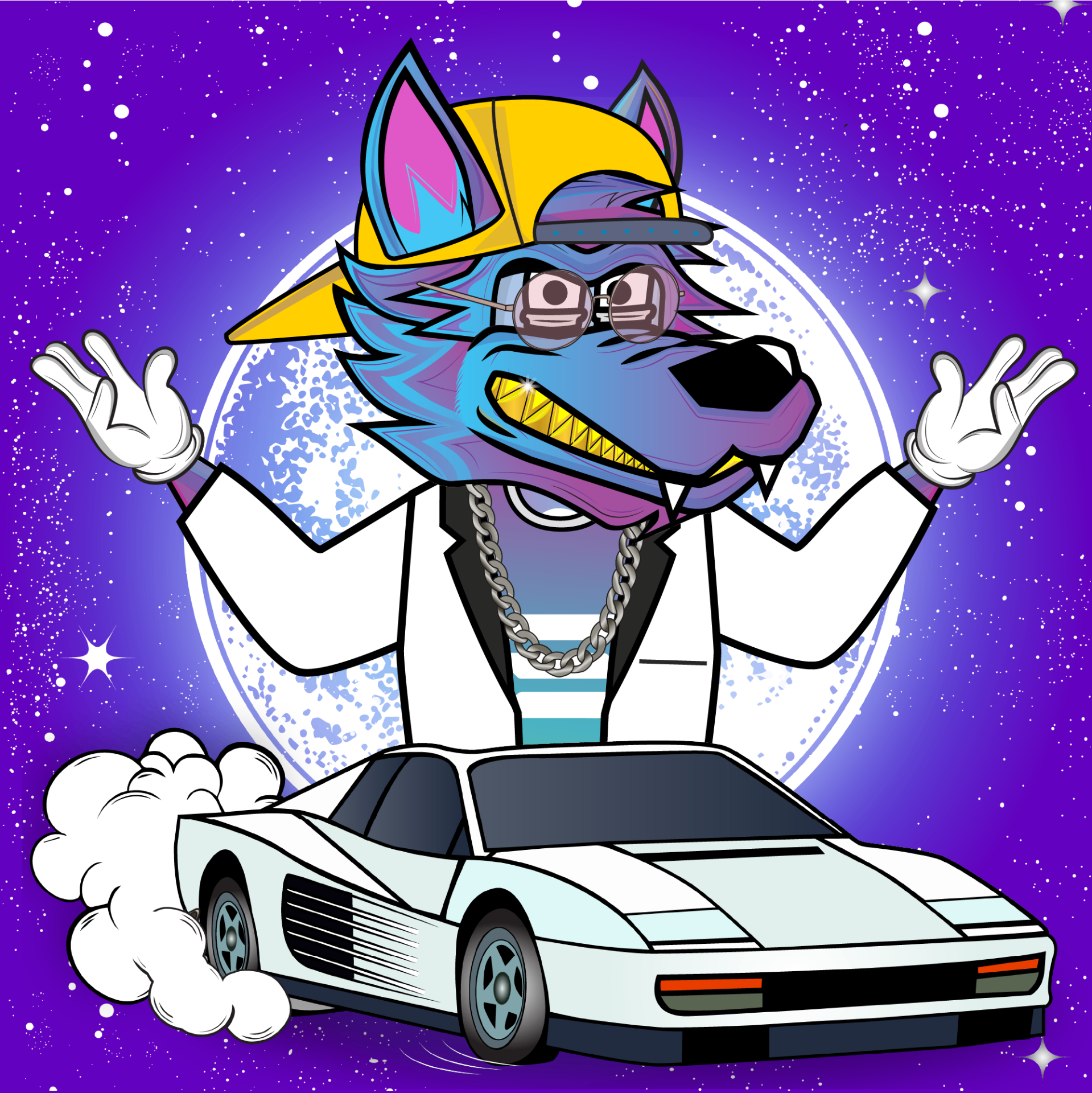 Purple wolf with sports car on a starry background