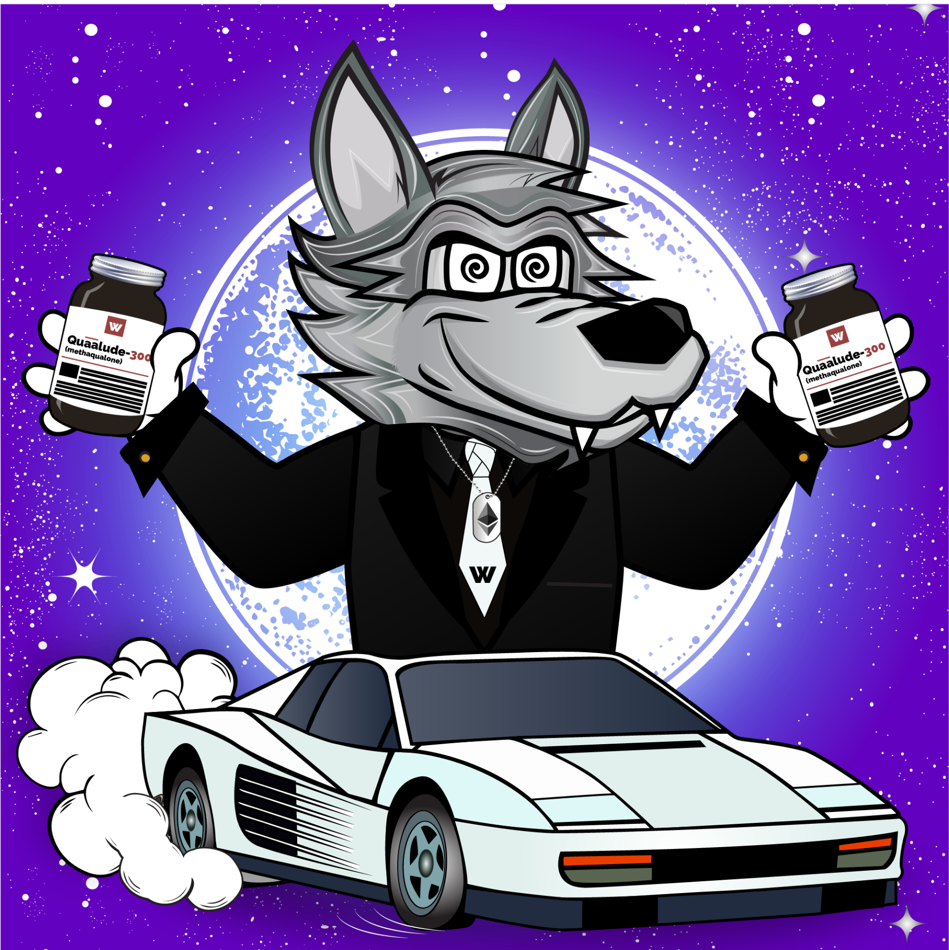 Grey wolf with swirl eyes holding Quaalude bottles