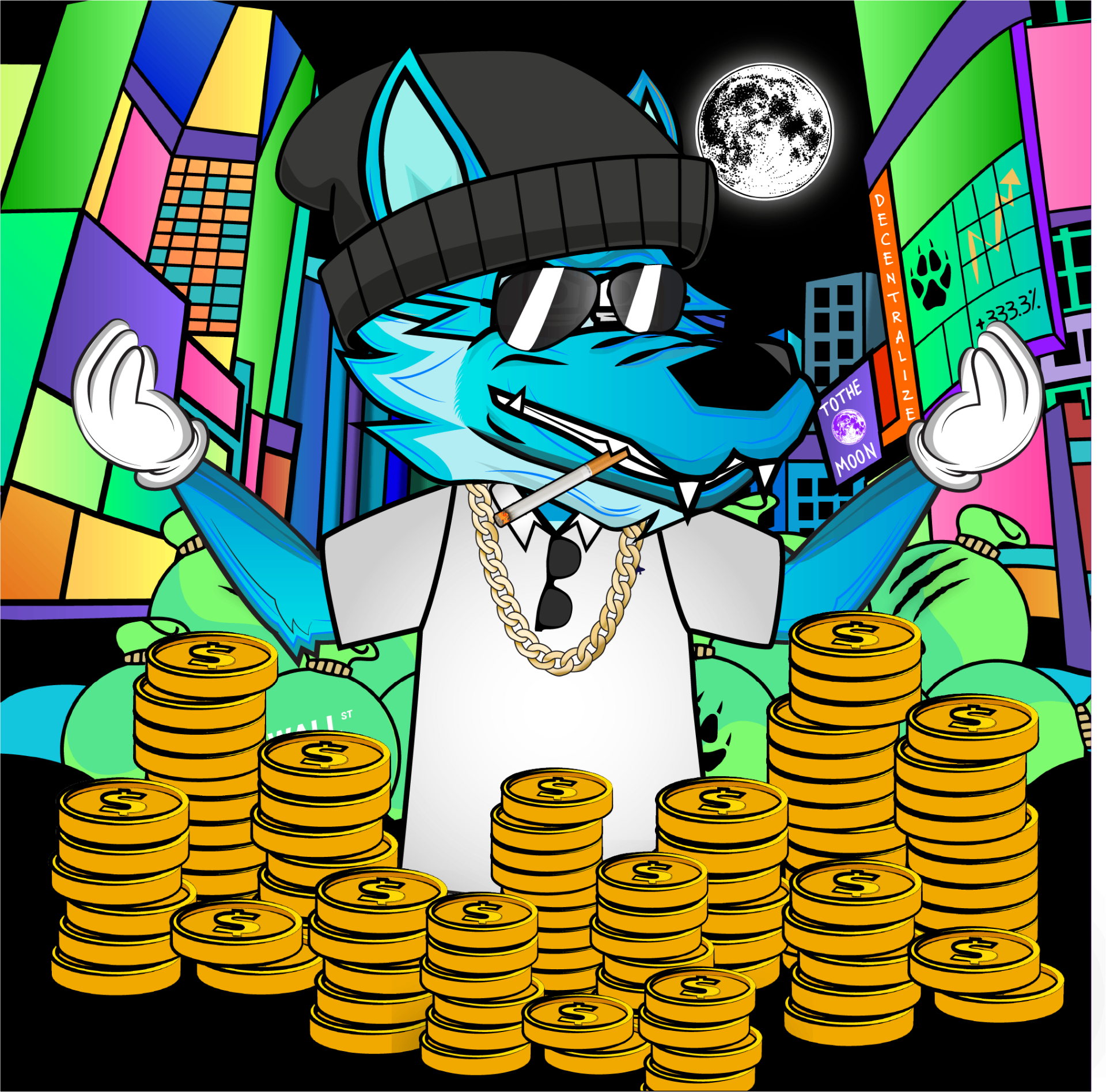 Blue wolf surrounded by stacks of gold coins in a city