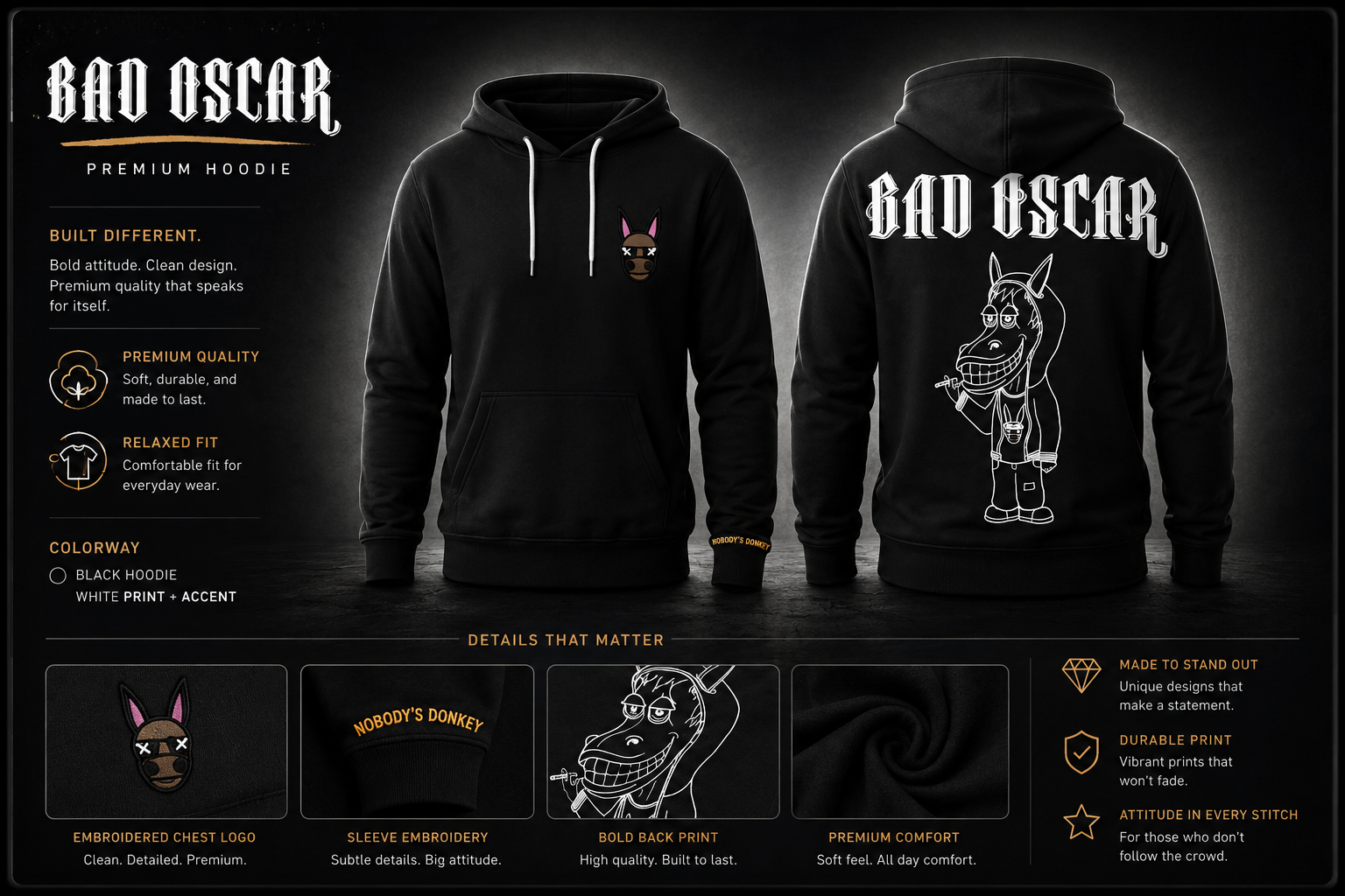 Bad Oscar premium hoodie product sheet