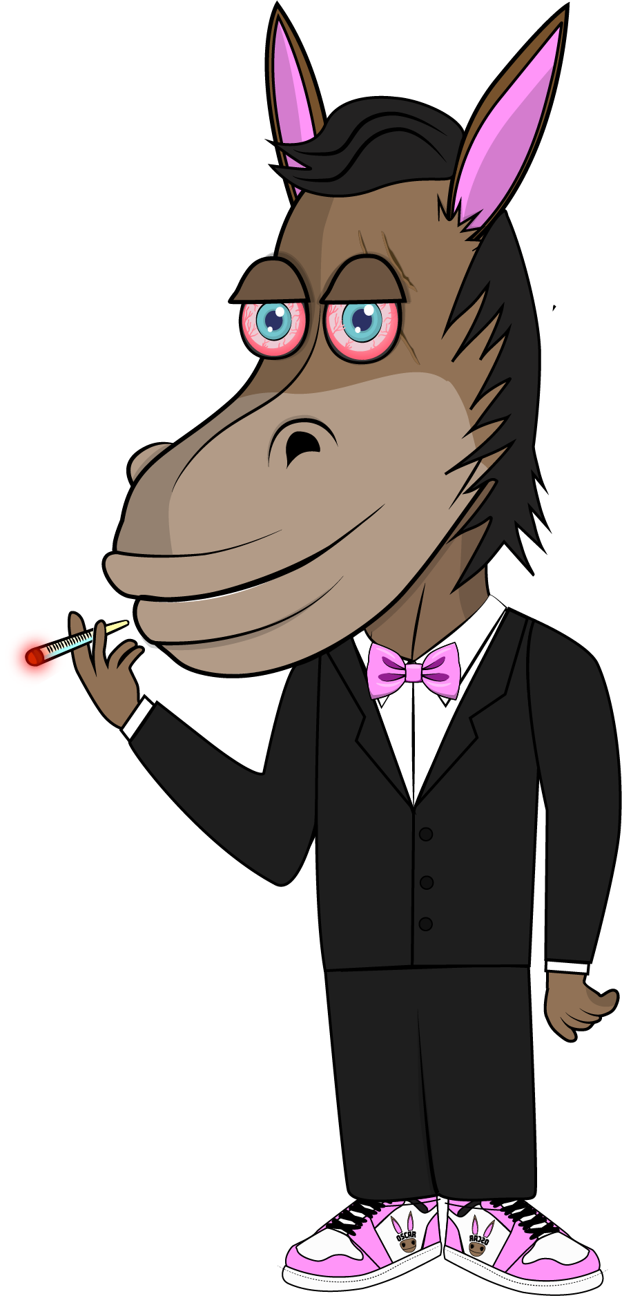 Oscar in a black tuxedo with pink bow tie
