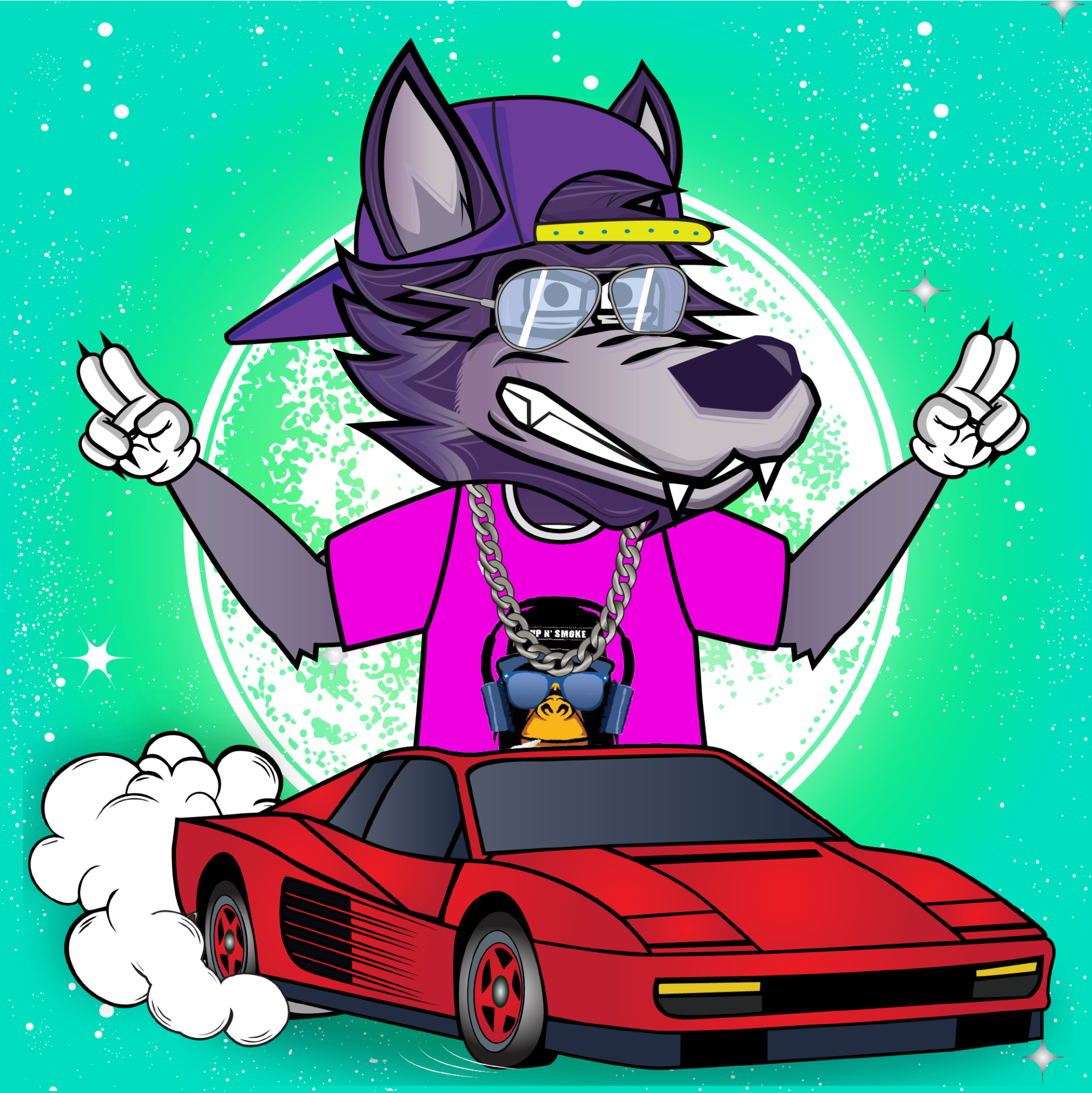 Grey wolf in purple cap with an Up N Smoke tee and red Ferrari