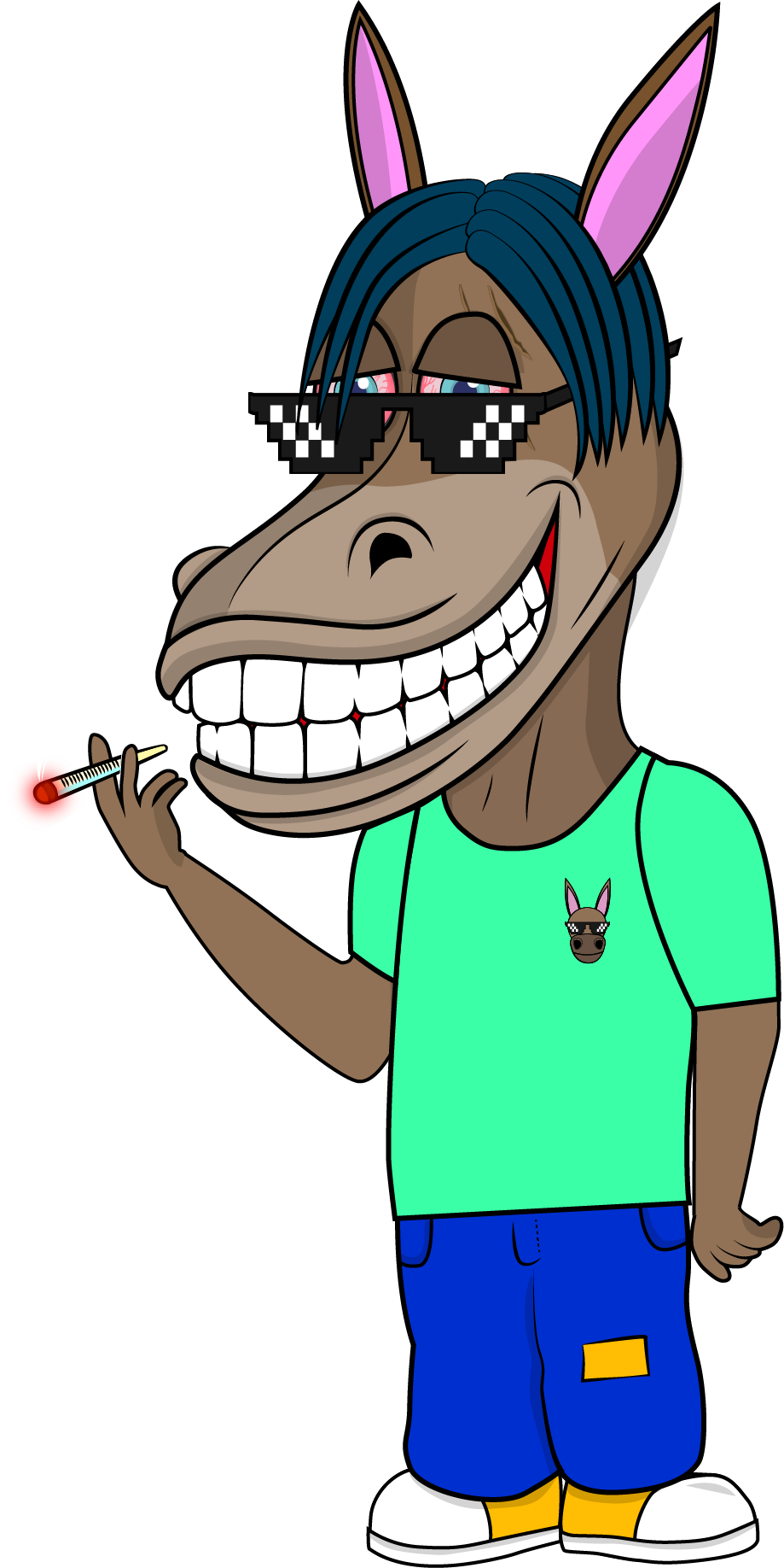 Oscar with blue hair and pixel sunglasses smoking
