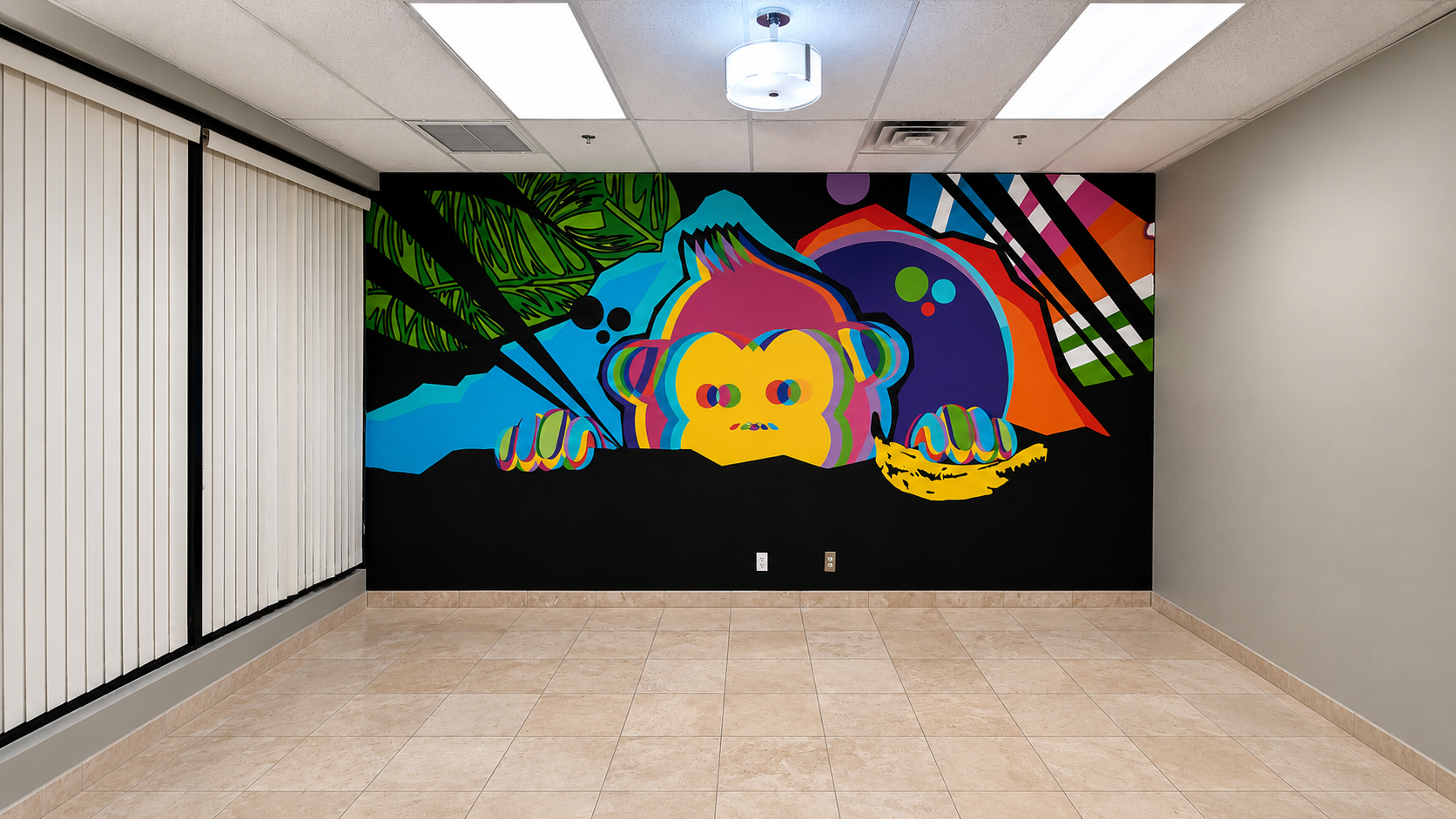 Red Chimp mural — finished installation on the office feature wall