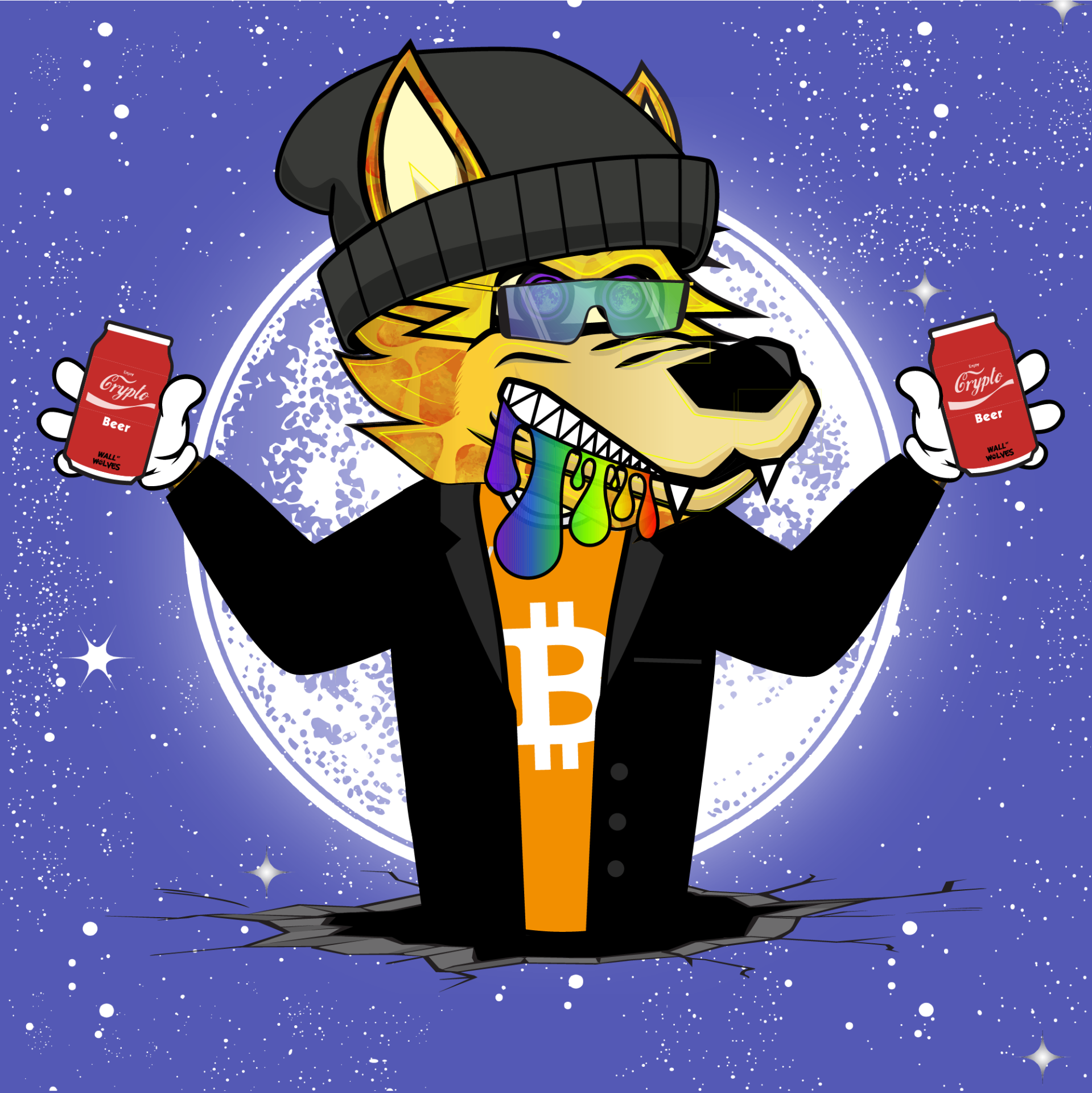 Gold wolf with beanie holding Crypto Beer cans, rainbow drip